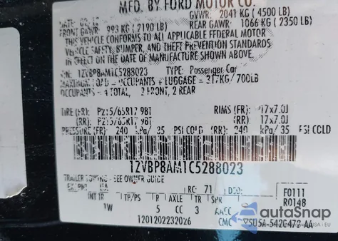 2012 Ford Mustang V6 z USA, uszkodzony, nr VIN 1ZVBP8AM1C5288023